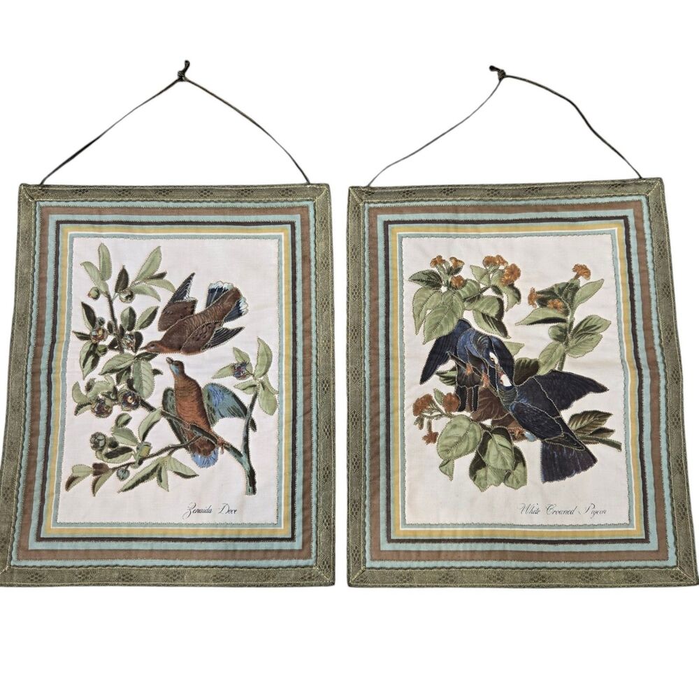 Set of 2 Handmade Quilted Audubon‎ Birds Wall Hanging Fabric 12x15 Dove Pigeon